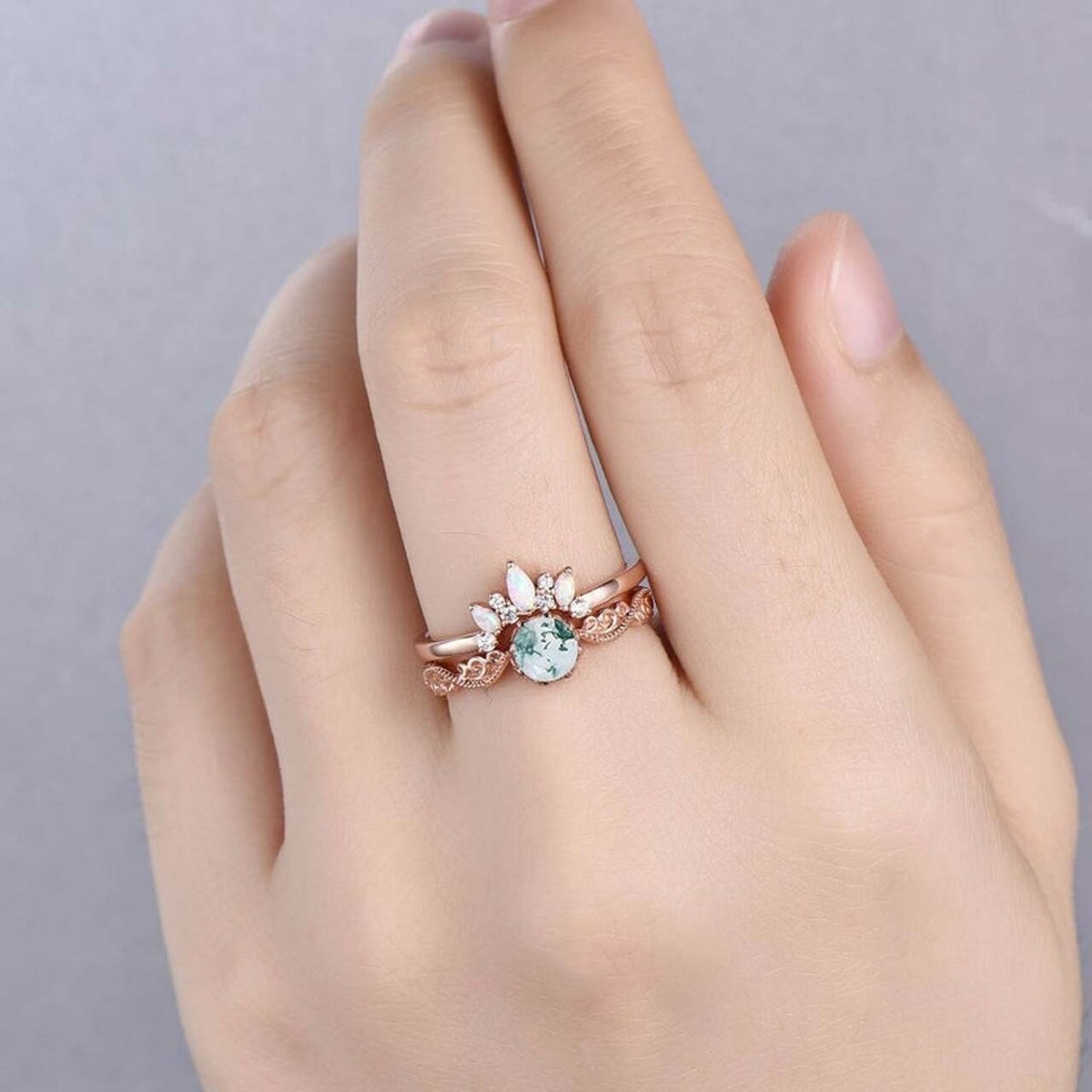Vintage Milgrain Round Moss Agate Diamond Opal Tiara Wedding Ring Set - Lord of Gem Rings