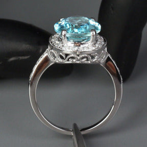 Vintage Oval Aquamarine Milgrain Under Gallery Diamond Halo Ring - Lord of Gem Rings