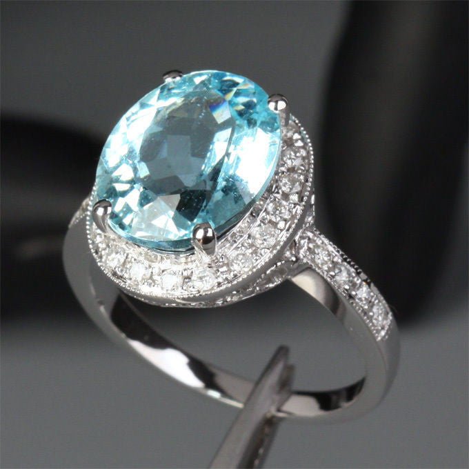 Vintage Oval Aquamarine Milgrain Under Gallery Diamond Halo Ring - Lord of Gem Rings