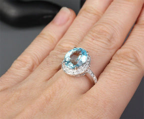 Vintage Oval Aquamarine Milgrain Under Gallery Diamond Halo Ring - Lord of Gem Rings