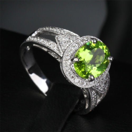 Vintage Oval Peridot Diamond Milgrain Split Shank Engagement Ring - Lord of Gem Rings