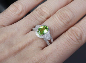 Vintage Oval Peridot Diamond Milgrain Split Shank Engagement Ring - Lord of Gem Rings