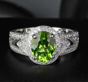 Vintage Oval Peridot Diamond Milgrain Split Shank Engagement Ring - Lord of Gem Rings