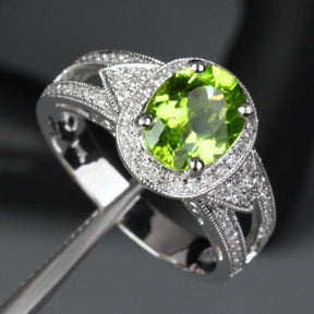 Vintage Oval Peridot Diamond Milgrain Split Shank Engagement Ring - Lord of Gem Rings