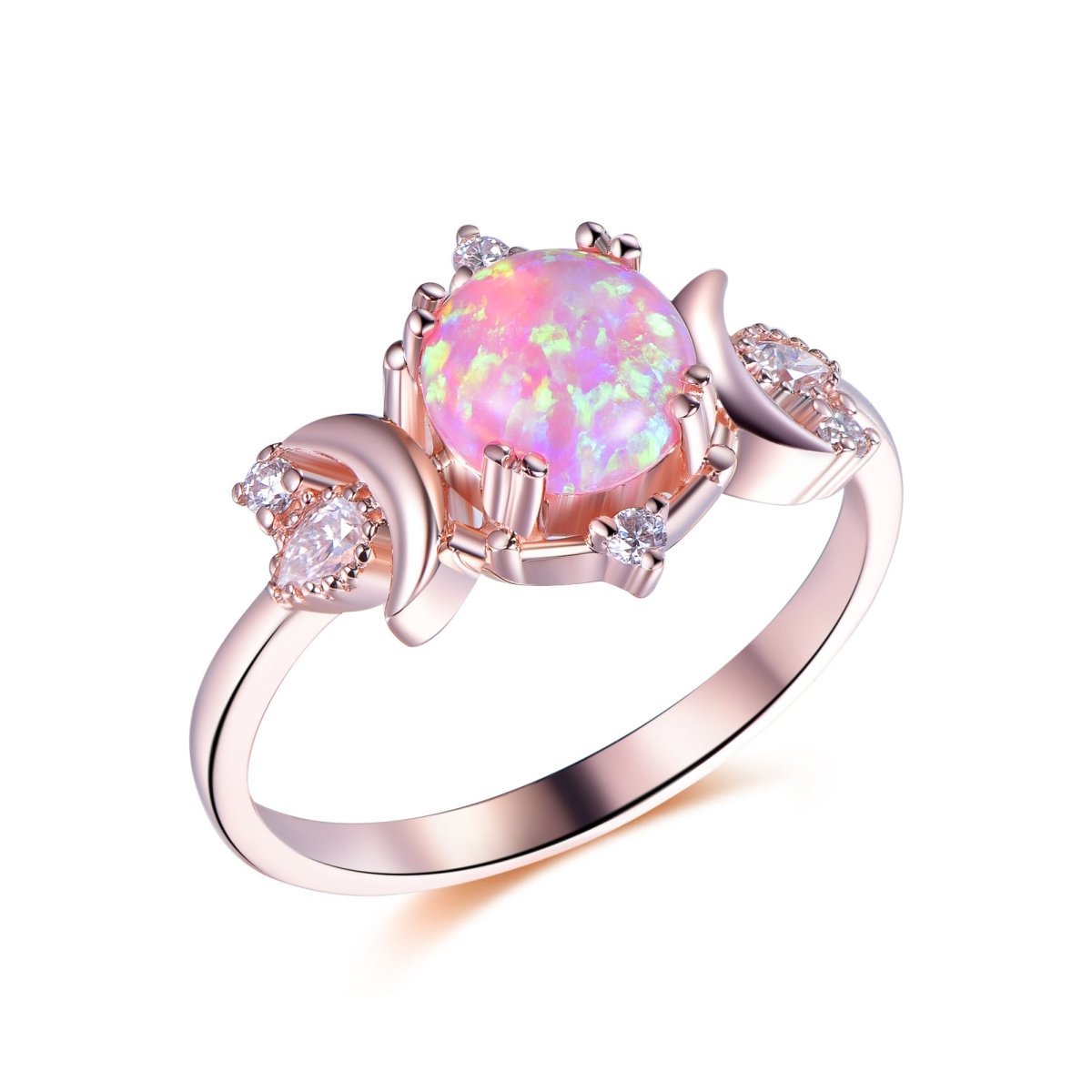 Vintage Round Pink Opal Engagement Crescent Ring 14K Gold - Lord of Gem Rings