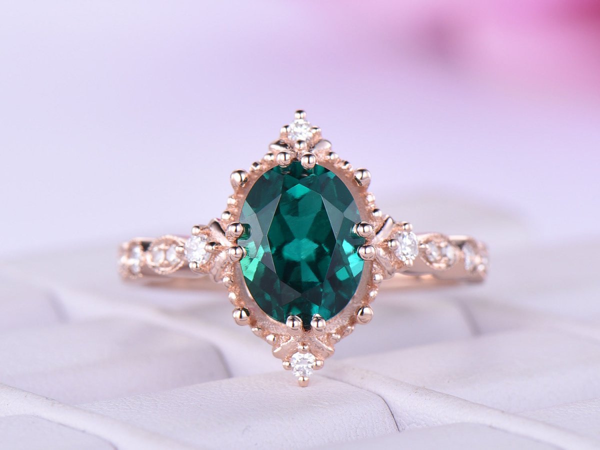 Vintage Style Oval Emerald Diamond Engagement Ring - Lord of Gem Rings