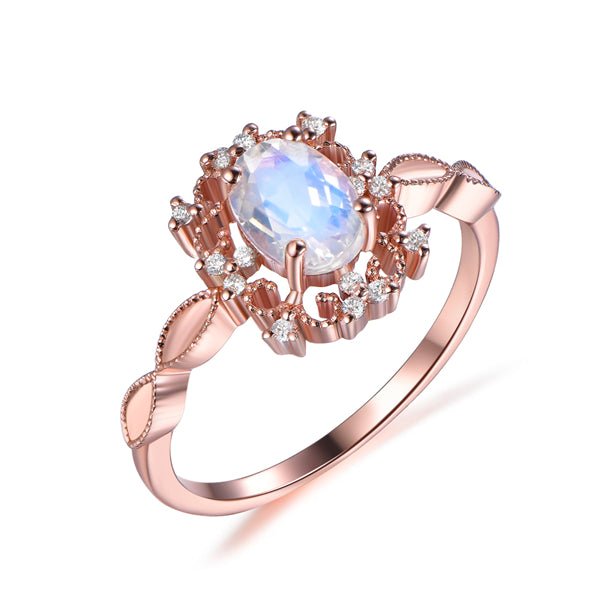 Vintage Style Oval Moonstone Diamond Halo Engagement Ring - Lord of Gem Rings